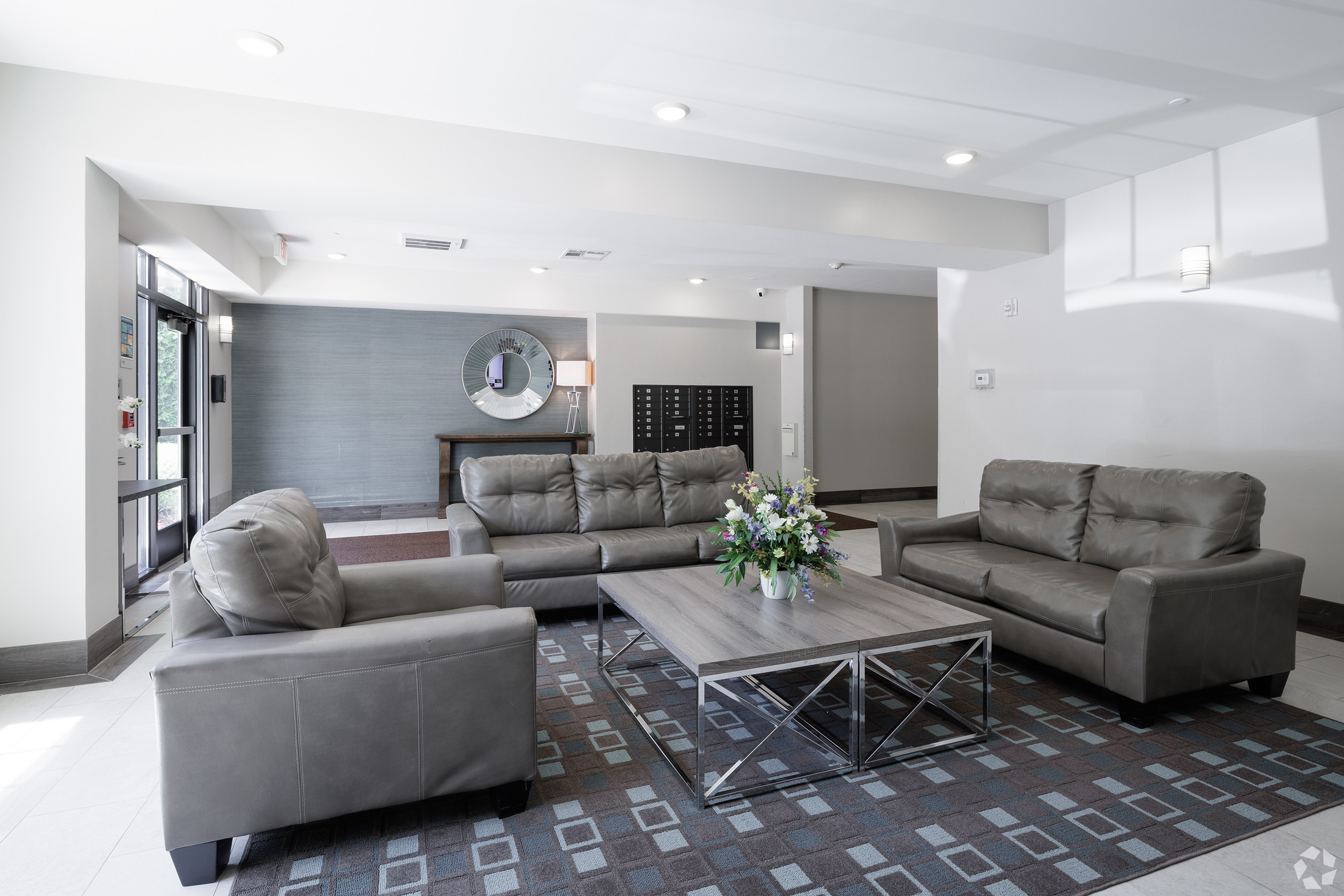 Building lobby waiting area with leather sofas