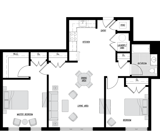 Type P floor plan: 2 bed + den, 1 bath, 984 square feet